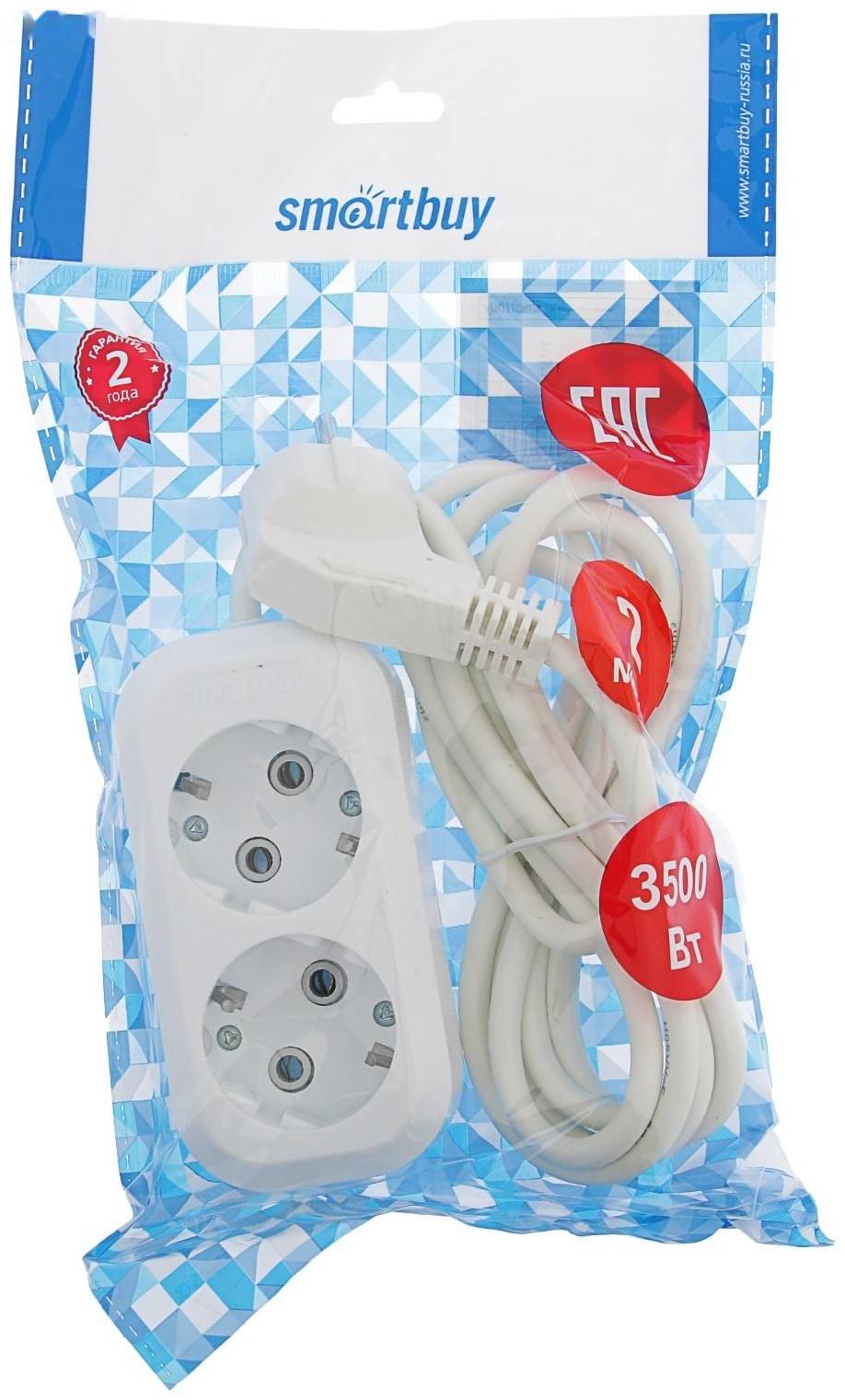 Удлинитель Smartbuy, 2 розетки, 2 м, 16 А, 3500 Вт, ПВС 3х1 мм2, с з/к, белый