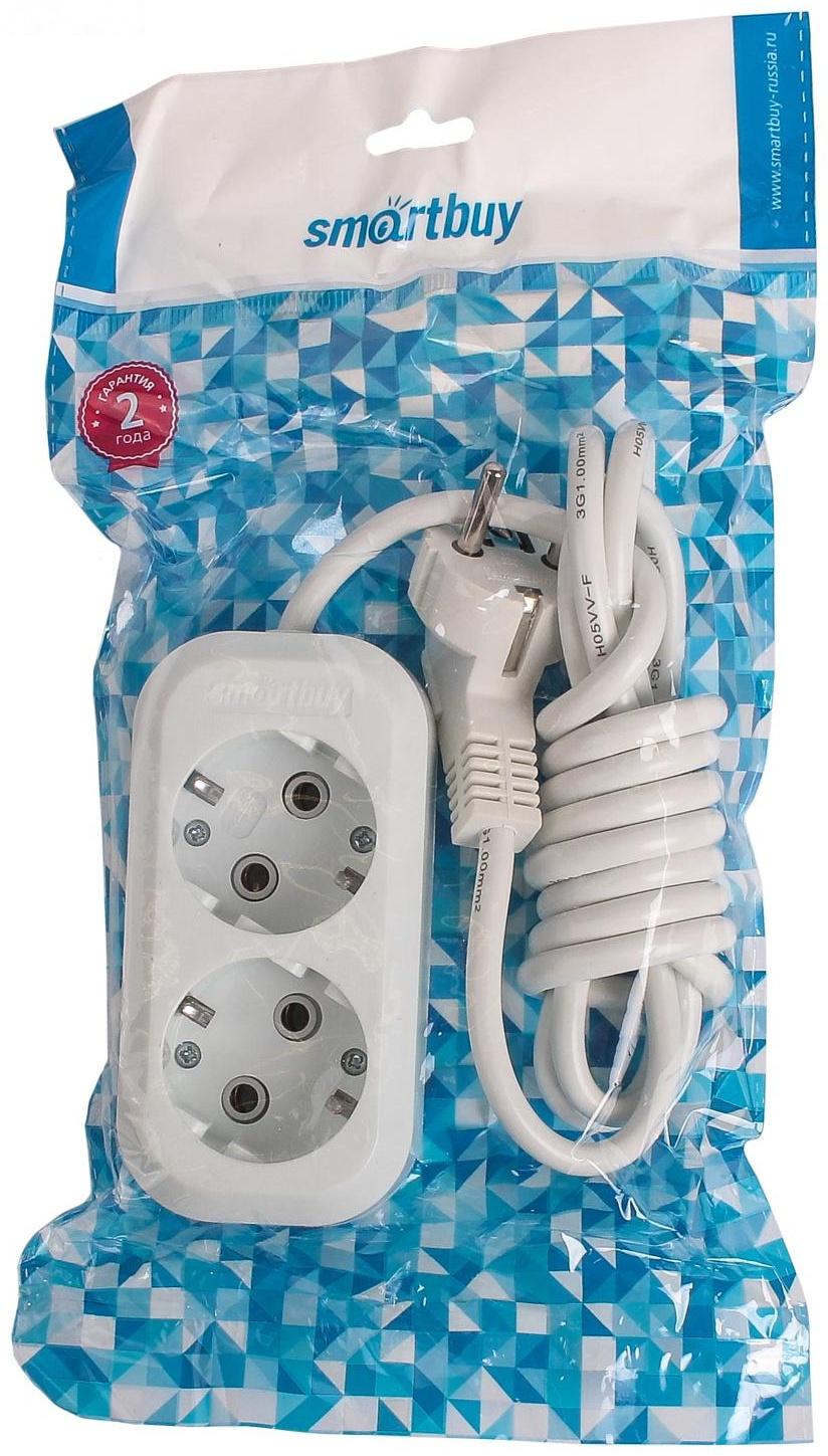 Удлинитель Smartbuy, 2 розетки, 2 м, 16 А, 3500 Вт, ПВС 3х1 мм2, с з/к, белый