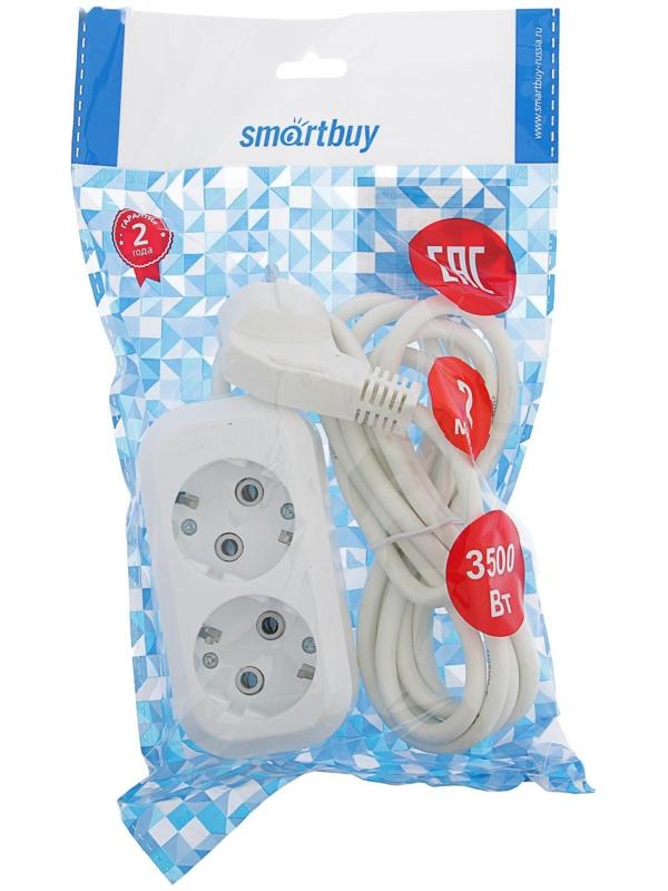 Удлинитель Smartbuy, 2 розетки, 2 м, 16 А, 3500 Вт, ПВС 3х1 мм2, с з/к, белый
