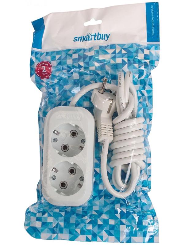 Удлинитель Smartbuy, 2 розетки, 2 м, 16 А, 3500 Вт, ПВС 3х1 мм2, с з/к, белый