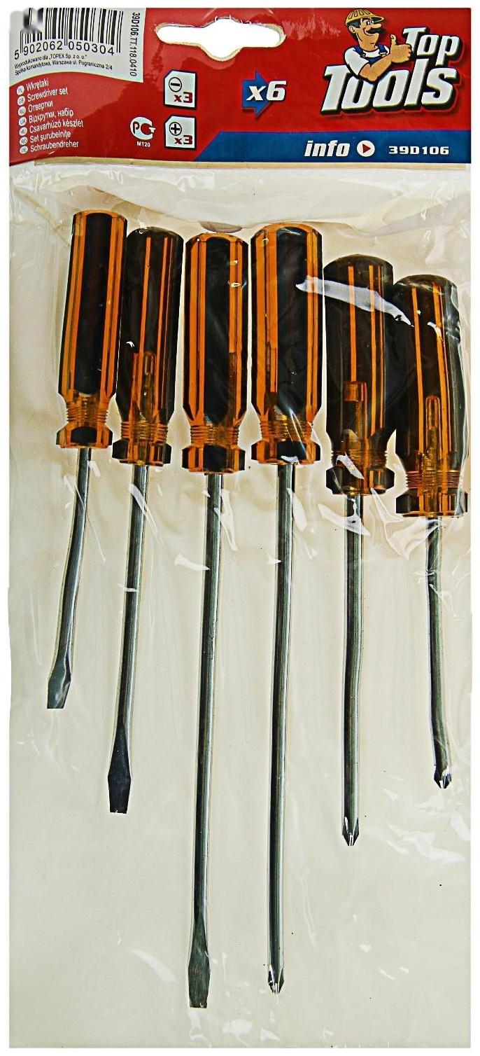 Отвёртки Top Tools, набор 6 шт, пластиковая рукоятка, 3 × SL, 3 × PH