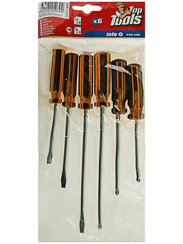 Отвёртки Top Tools, набор 6 шт, пластиковая рукоятка, 3 × SL, 3 × PH