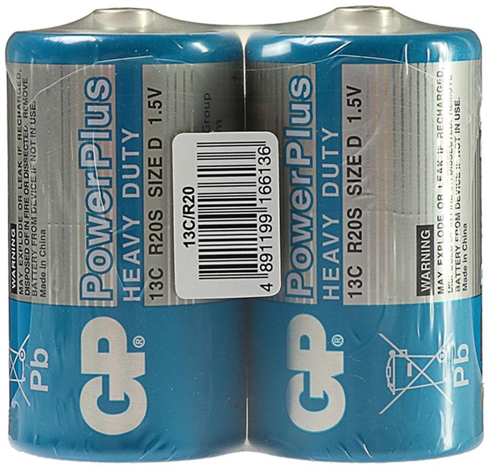 Батарейка солевая GP PowerPlus Heavy Duty, D, R20-2S, 1.5В, спайка, 2 шт.