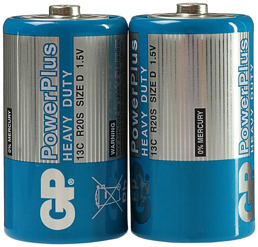 Батарейка солевая GP PowerPlus Heavy Duty, D, R20-2S, 1.5В, спайка, 2 шт.