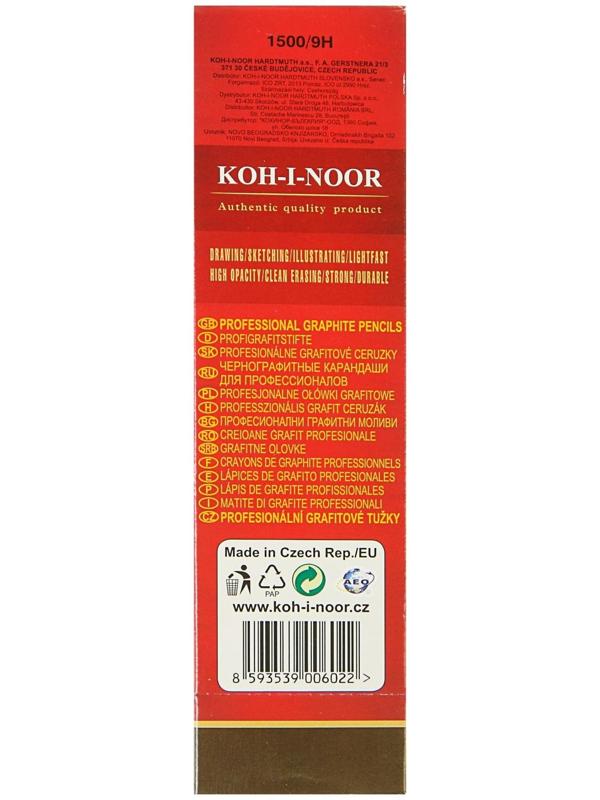 Карандаш чернографитный Koh-I-Noor 1500 9H, профессиональный, лакированный корпус
