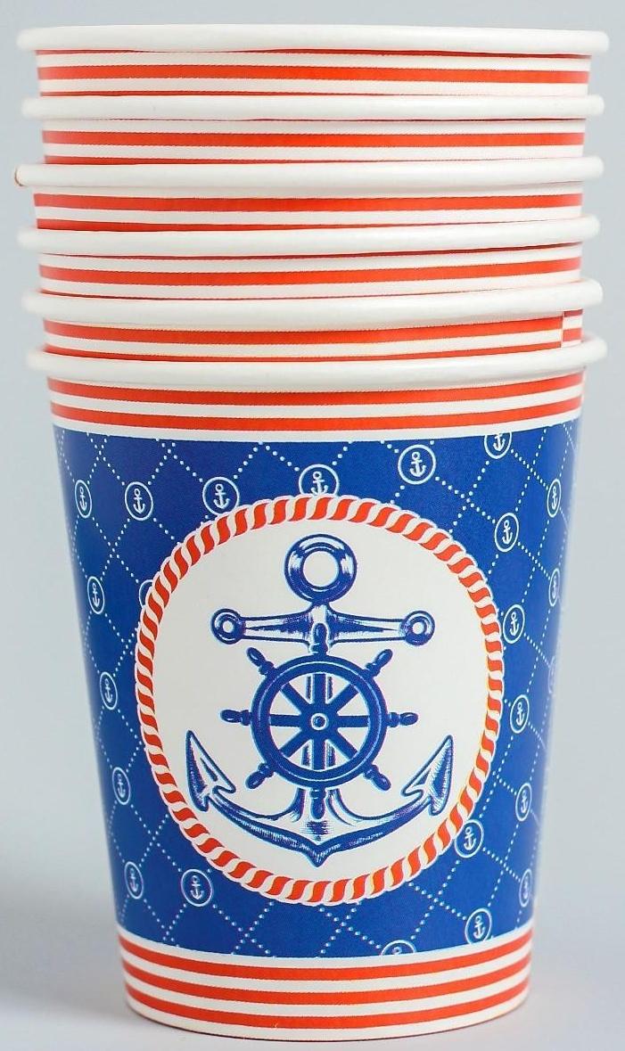 Набор бумажной посуды «С днём рождения», морской якорь: 6 тарелок, 6 стаканов, 6 колпаков, 1 гирлянда