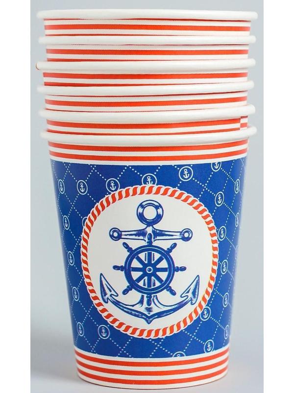 Набор бумажной посуды «С днём рождения», морской якорь: 6 тарелок, 6 стаканов, 6 колпаков, 1 гирлянда