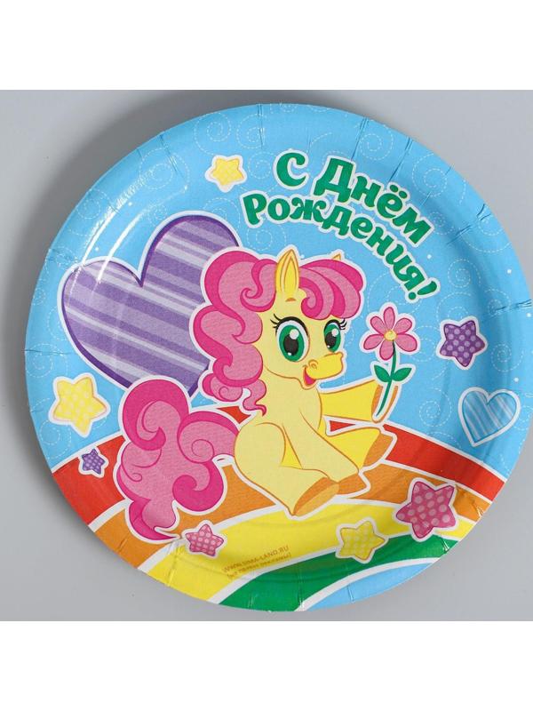 Набор бумажной посуды «С днём рождения», пони: 6 тарелок, 6 стаканов, 6 колпаков, 1 гирлянда