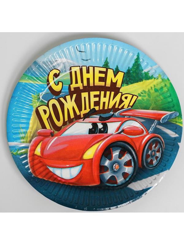 Набор бумажной посуды «С днём рождения», крутые тачки: 6 тарелок, 6 стаканов, 6 колпаков, 1 гирлянда
