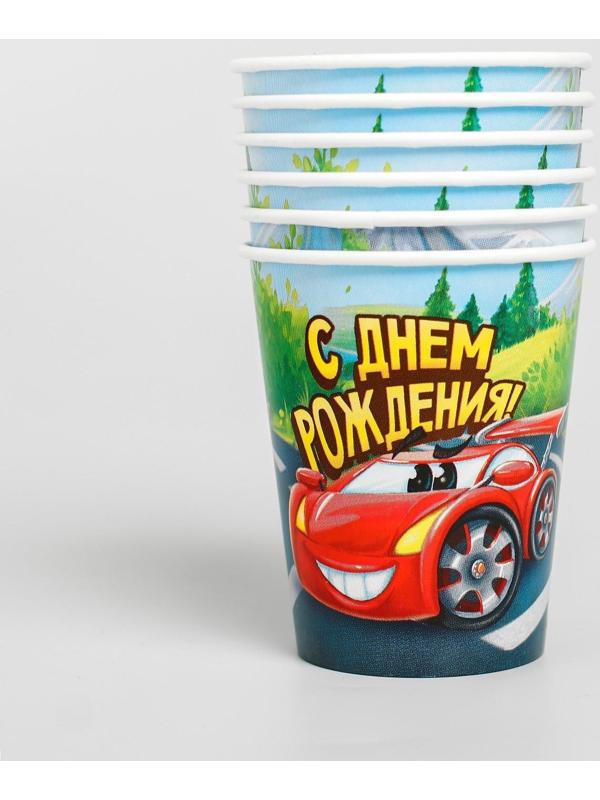 Набор бумажной посуды «С днём рождения», крутые тачки: 6 тарелок, 6 стаканов, 6 колпаков, 1 гирлянда