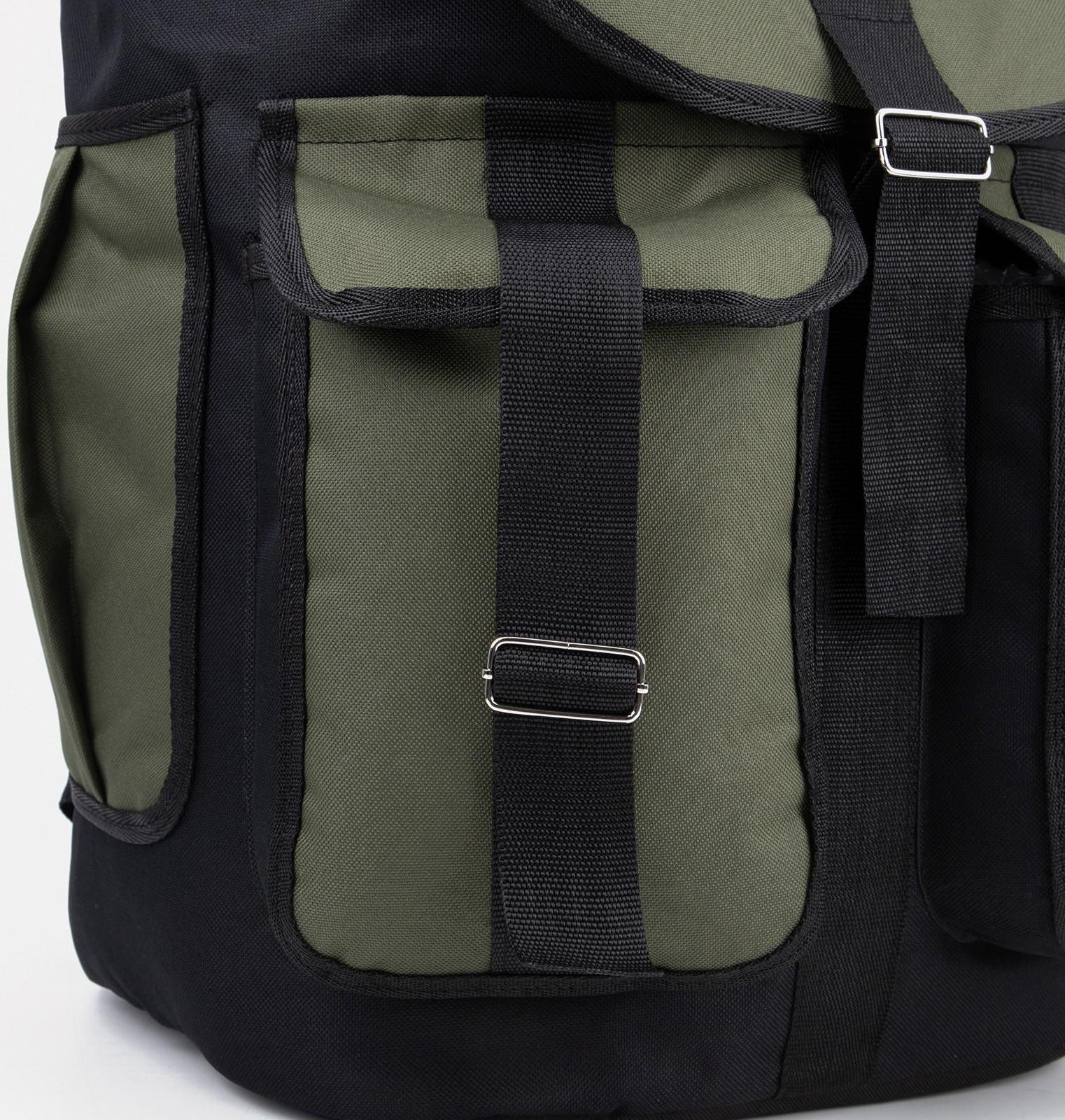 Рюкзак туристический на шнурке, 55 л, 3 наружных кармана, цвет чёрный/хаки