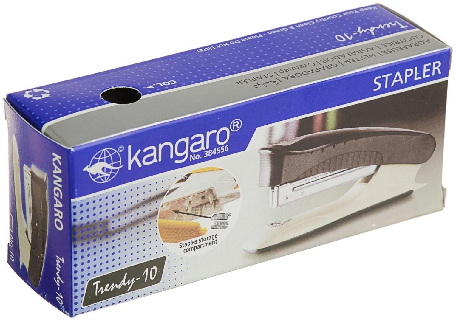 Степлер Kangaro Trendy № 10, до 15 листов, встроенный антистеплер, зелёный