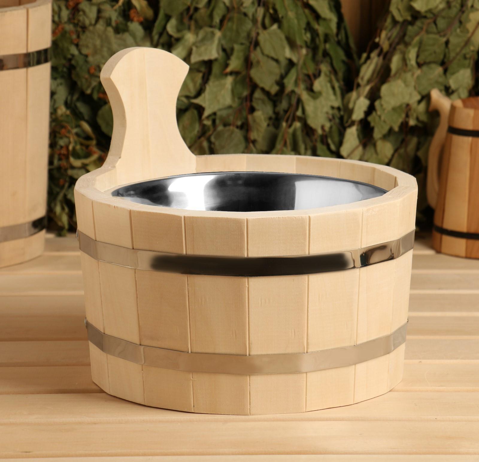 Шайка из липы, 3 л, круглая, нержавеющая вставка, 