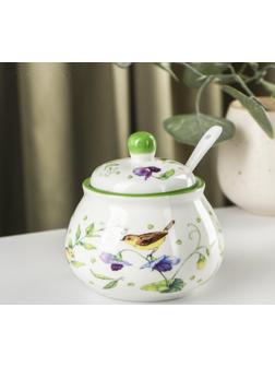 Сахарница фарфоровая с ложкой Доляна «Зелёный сад», 320 мл