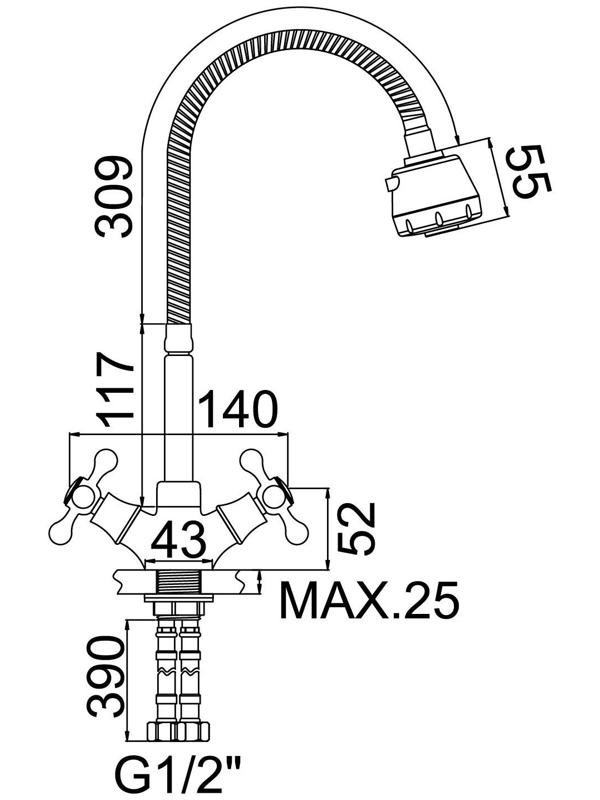 Cмеситель для кухни Accoona A4871, двухвентильный, гибкий излив, силумин, хром
