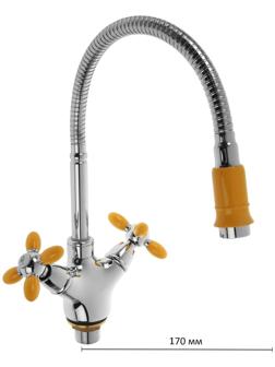 Смеситель для кухни Accoona A4882H, двухвентильный, с гибким изливом, силумин, желтый/хром