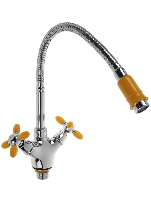 Смеситель для кухни Accoona A4882H, двухвентильный, с гибким изливом, силумин, желтый/хром