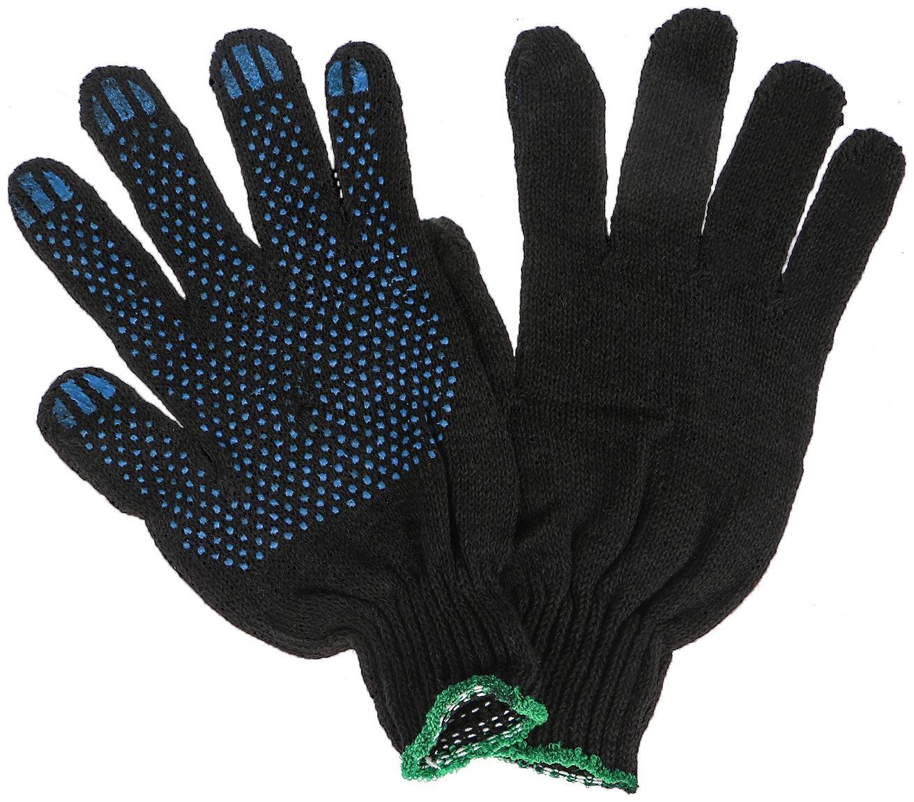 Перчатки, х/б, вязка 7 класс, 3 нити, размер 9, с ПВХ точками, чёрные