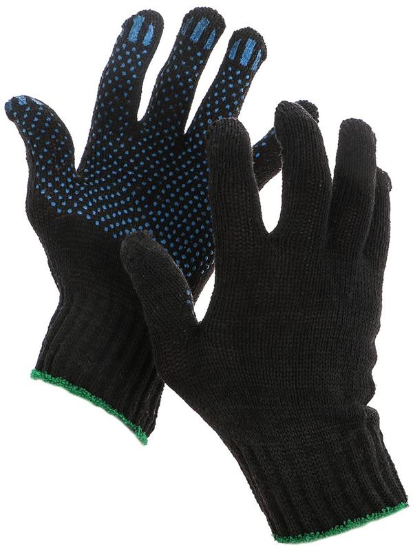 Перчатки, х/б, вязка 7 класс, 3 нити, размер 9, с ПВХ точками, чёрные
