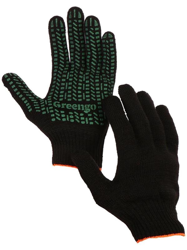 Перчатки, х/б, вязка 10 класс, 6 нитей, размер 9, с ПВХ точками, чёрные, Greengo