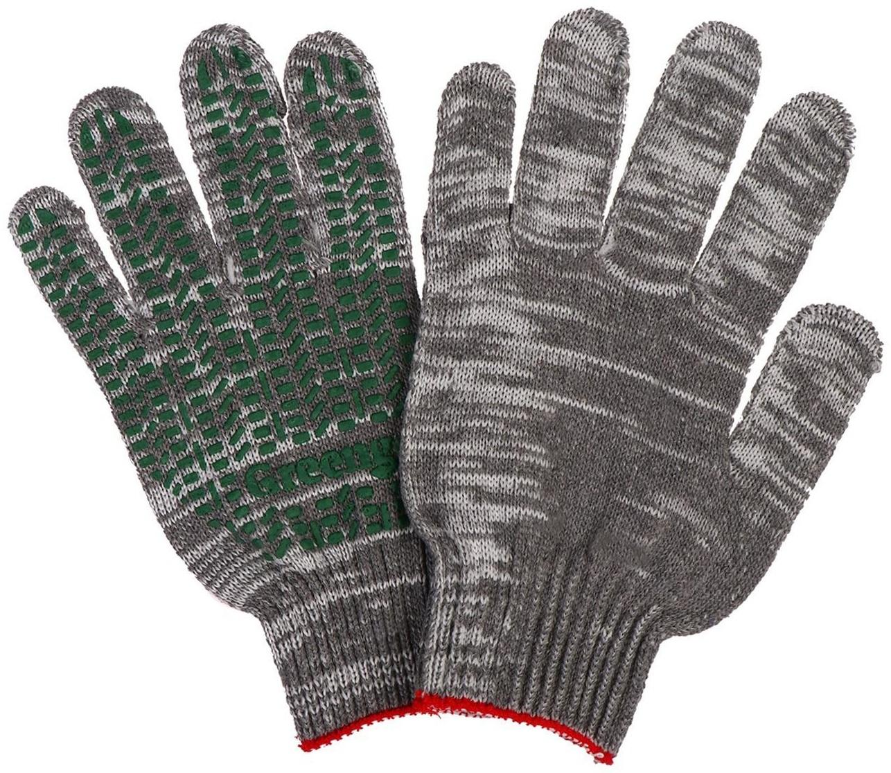 Перчатки, х/б, вязка 10 класс, 6 нитей, размер 9, с ПВХ протектором, серые, Greengo