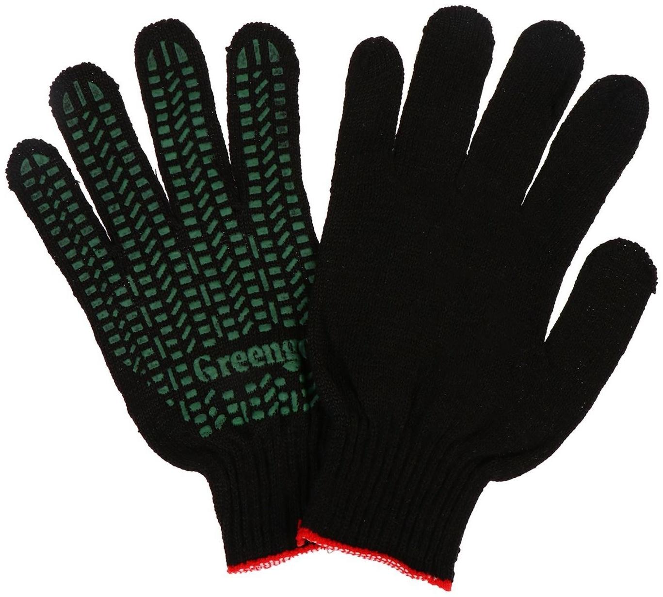 Перчатки, х/б, вязка 10 класс, 4 нити, размер 9, с ПВХ протектором, чёрные, Greengo