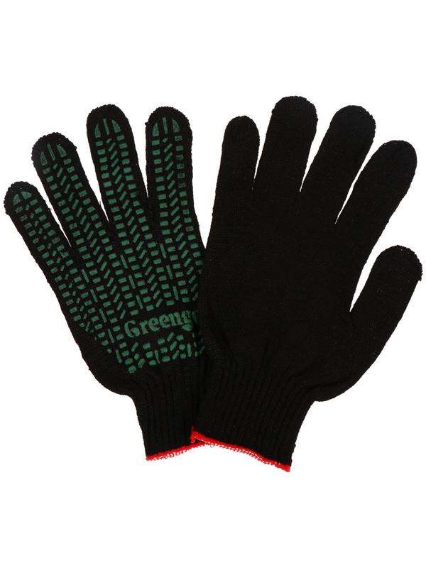 Перчатки, х/б, вязка 10 класс, 4 нити, размер 9, с ПВХ протектором, чёрные, Greengo