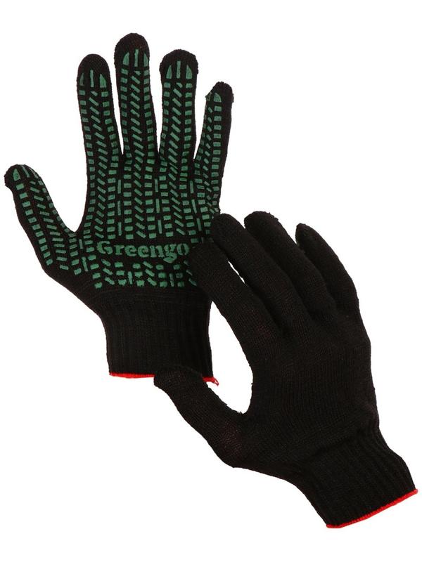 Перчатки, х/б, вязка 10 класс, 4 нити, размер 9, с ПВХ протектором, чёрные, Greengo