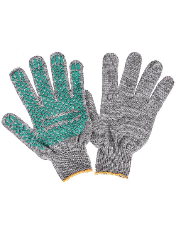 Перчатки, х/б, вязка 10 класс, 4 нити, размер 9, с ПВХ протектором, серые, Greengo