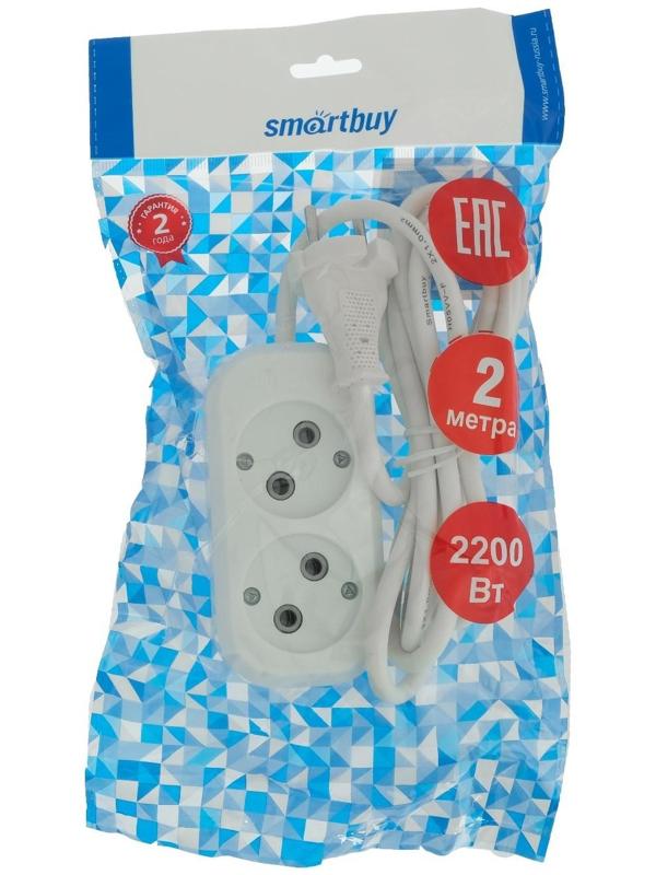 Удлинитель Smartbuy, 2 розетки, 2 м, 10 А, 2200 Вт, ПВС 2х1 мм2, без з/к, белый