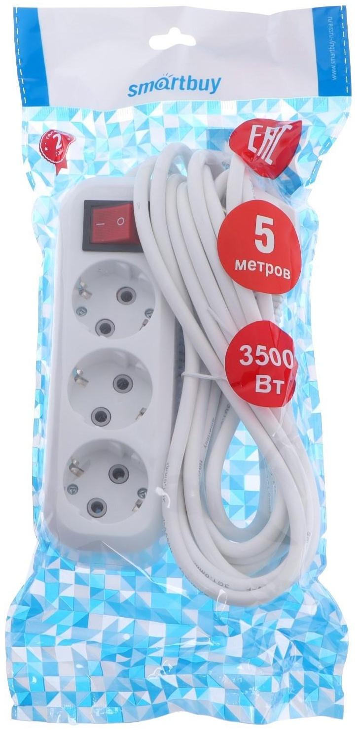 Удлинитель Smartbuy, 3 розетки, 5м, 16 А, 3500 Вт, ПВС 3х1 мм2, с з/к, с выкл., белый