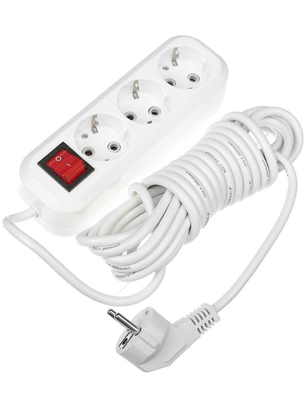 Удлинитель Smartbuy, 3 розетки, 5м, 16 А, 3500 Вт, ПВС 3х1 мм2, с з/к, с выкл., белый