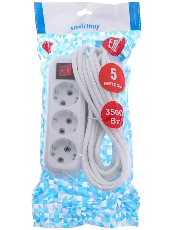 Удлинитель Smartbuy, 3 розетки, 5м, 16 А, 3500 Вт, ПВС 3х1 мм2, с з/к, с выкл., белый