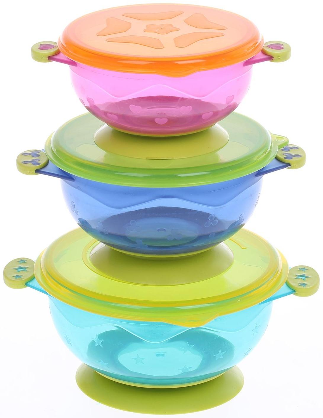 Набор детской посуды для кормления/хранения: миски на присоске, 3 шт.,150, 250, 350 мл. с крашками, от 5 мес.