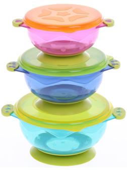 Набор детской посуды для кормления/хранения: миски на присоске, 3 шт.,150, 250, 350 мл. с крашками, от 5 мес.