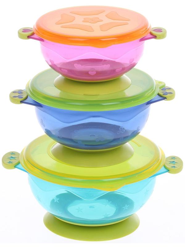 Набор детской посуды для кормления/хранения: миски на присоске, 3 шт.,150, 250, 350 мл. с крашками, от 5 мес.