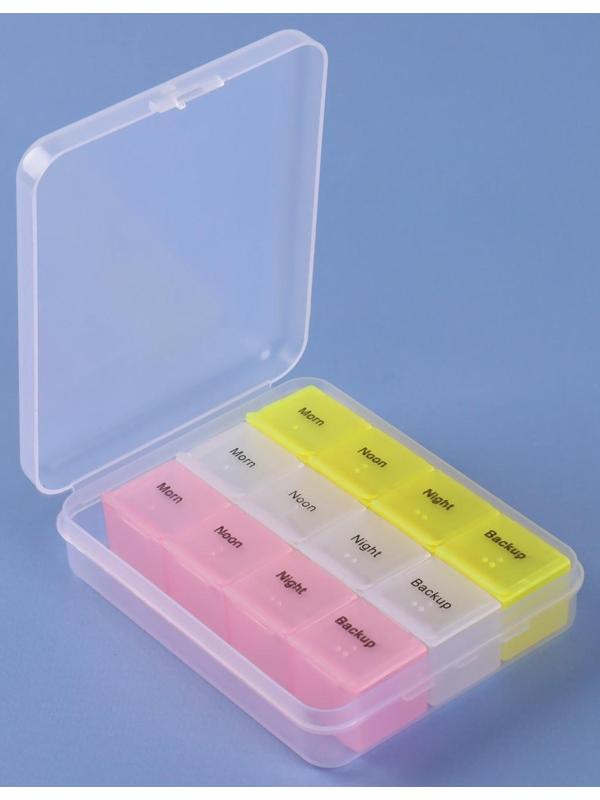 Таблетница-органайзер, английские буквы, утро/день/вечер/ночь, 3 контейнера по 4 секции, цвет МИКС