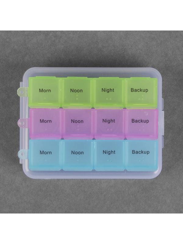 Таблетница-органайзер, английские буквы, утро/день/вечер/ночь, 3 контейнера по 4 секции, цвет МИКС