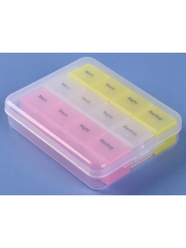 Таблетница-органайзер, английские буквы, утро/день/вечер/ночь, 3 контейнера по 4 секции, цвет МИКС