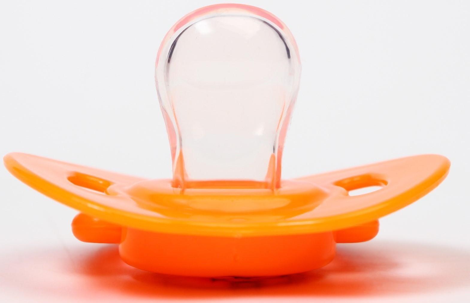 Пустышка силиконовая ортодонтическая с держателем и колпачком, от 0 мес., цвет оранжевый