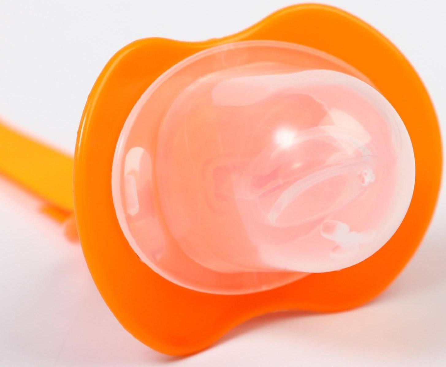 Пустышка силиконовая ортодонтическая с держателем и колпачком, от 0 мес., цвет оранжевый