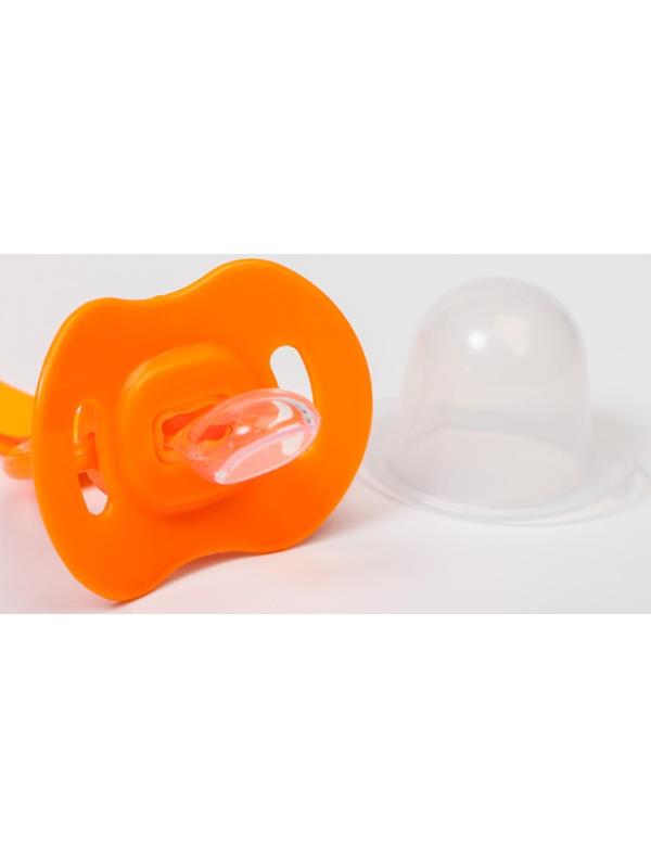 Пустышка силиконовая ортодонтическая с держателем и колпачком, от 0 мес., цвет оранжевый