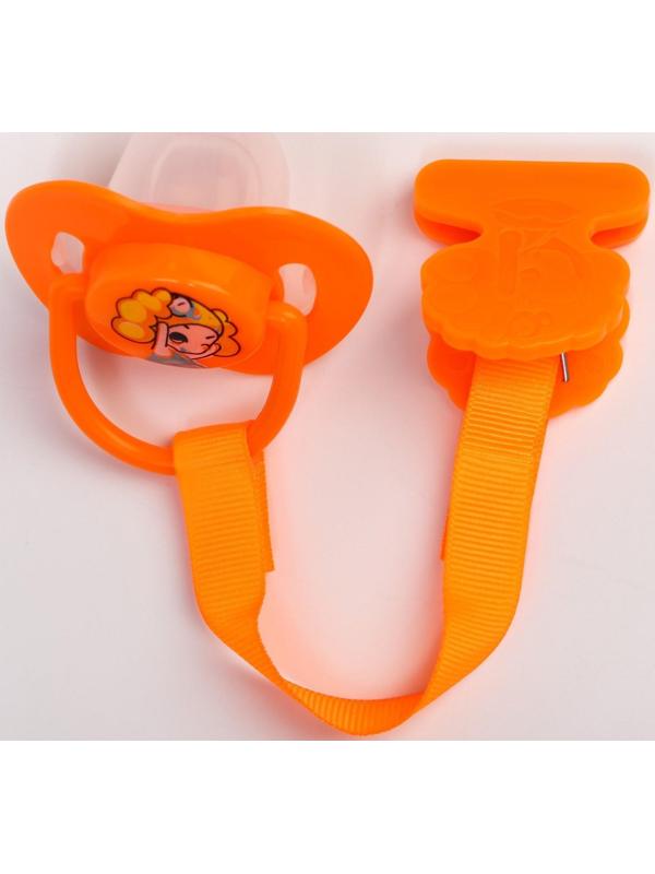 Пустышка силиконовая ортодонтическая с держателем и колпачком, от 0 мес., цвет оранжевый