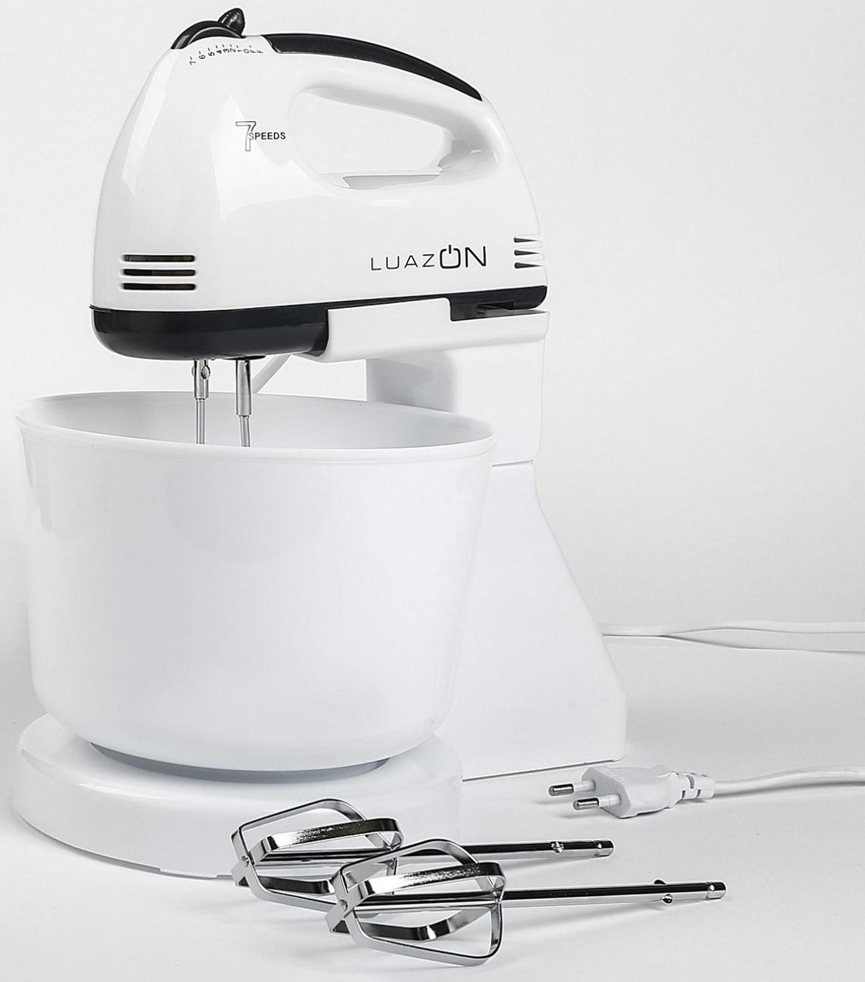 Миксер Luazon LMR-04, ручной, 180 Вт, 7 скоростей, 4 насадки, бело-чёрный