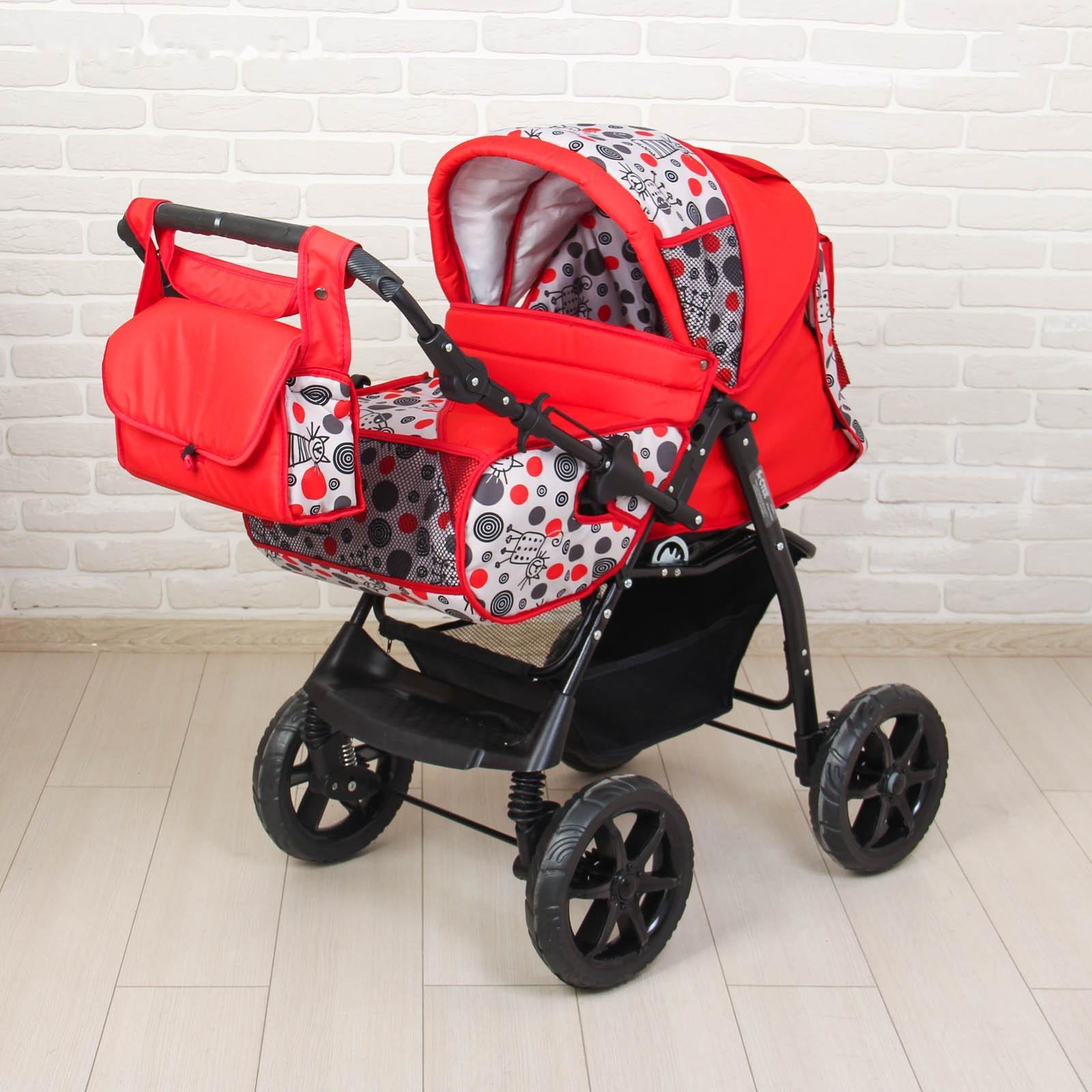 Коляска-трансформер «Гном», пластиковые колёса, оттенки красного, рисунок МИКС