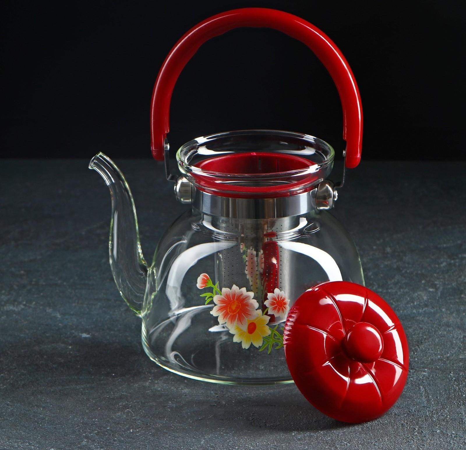 Чайник стеклянный заварочный «Цветочная фантазия», 1,4 л, металлическое сито