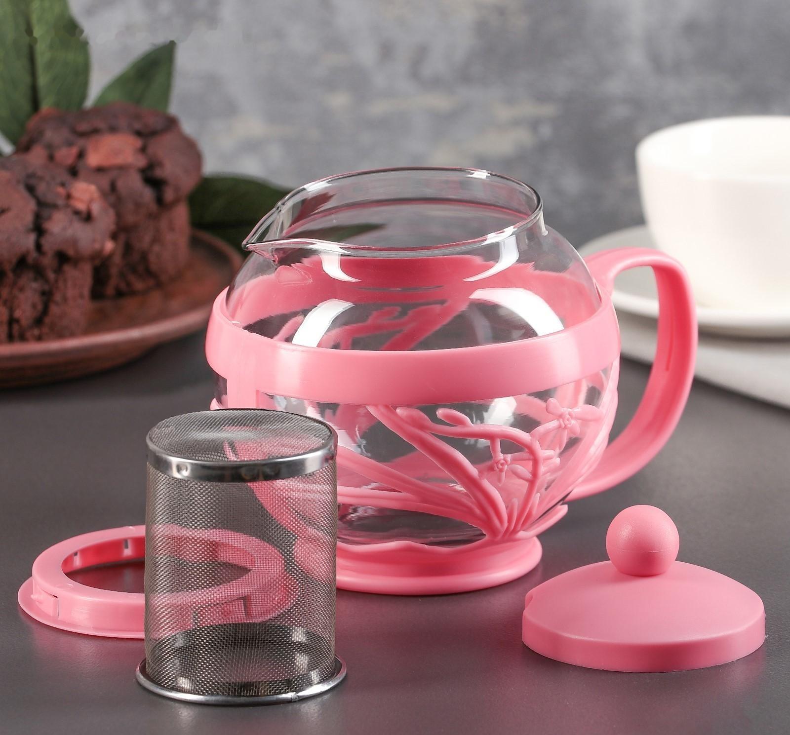 Чайник стеклянный заварочный «Флора», 700 мл, с металлическим ситом, цвет МИКС