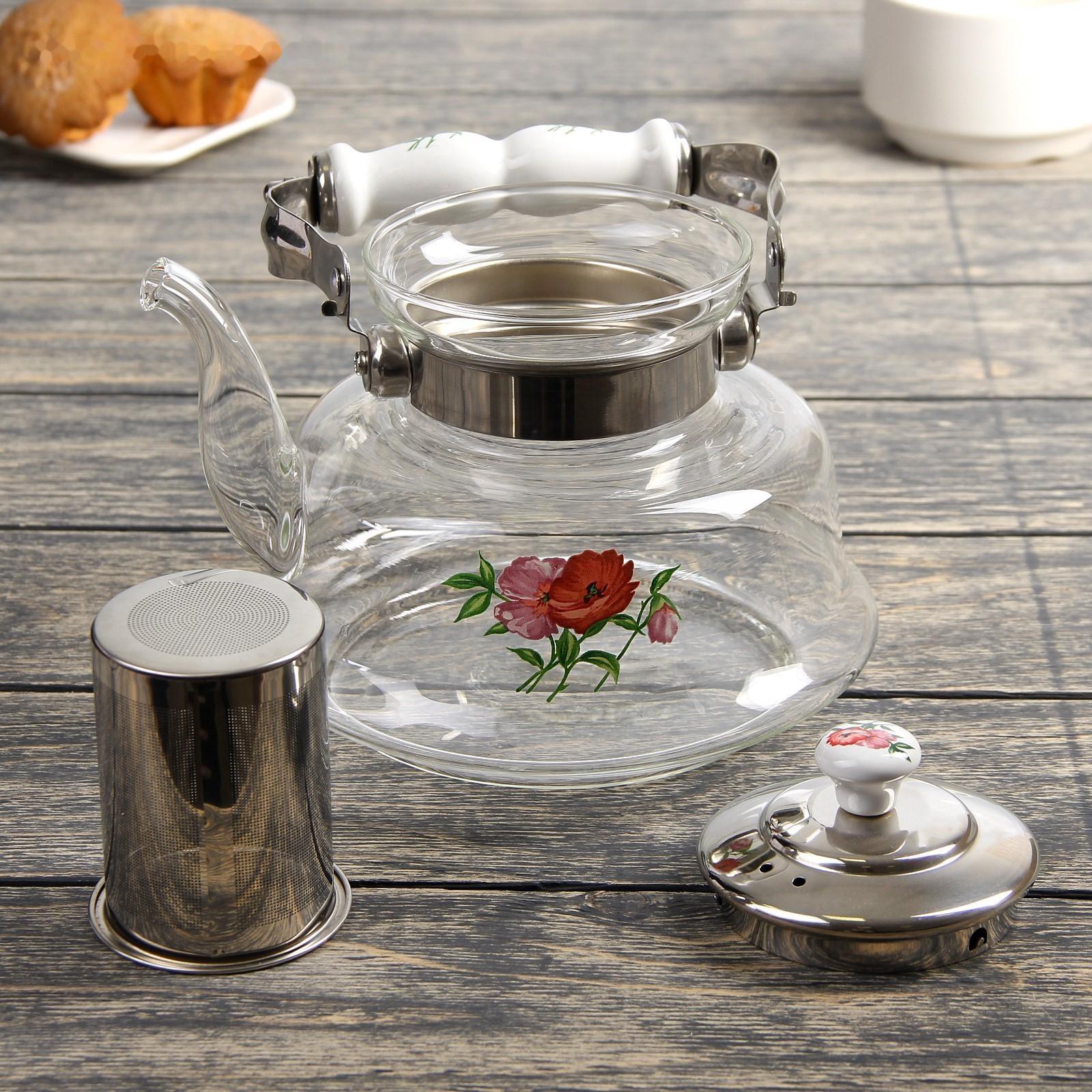 Чайник стеклянный заварочный «Мари», 1,2 л, 18,5×16×12,5 см, металлическое сито