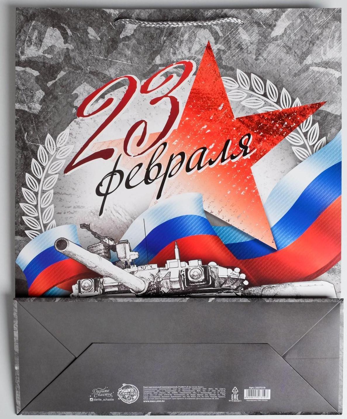 Пакет ламинированный вертикальный «С Праздником 23 февраля!», L 40 × 31 × 11,5 см