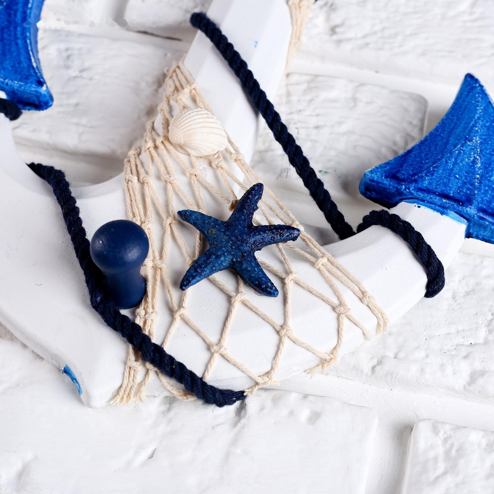Якорь интерьерный с веревкой и звездой, бело-синий 5*23*32см